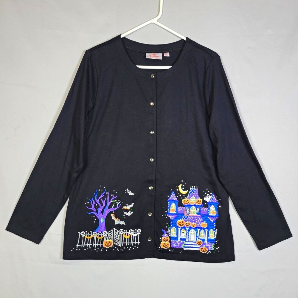 Quacker Factory Halloween Embroidered Jewel Button Large Cardigan Spooky Novelty